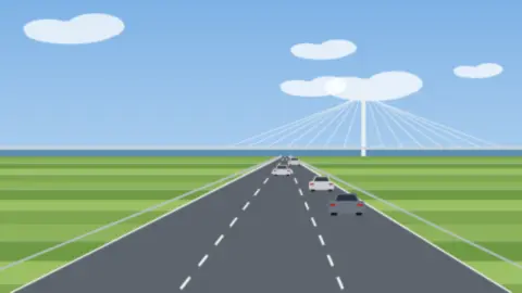 Autobahn mit Schrägseilbrücke über einem breiten Fluss, Abendlicht über dem Wasser