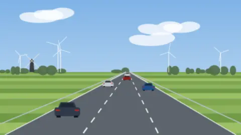 Autobahn durch grüne Polderlandschaft mit Windmühle und Windrädern, Autos fahren in drei Spuren