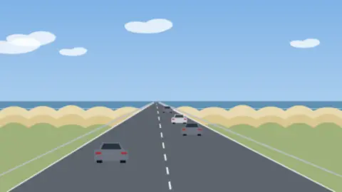 Straße an der Küste zwischen Dünen und Meer, im Hintergrund ein weiter Himmel mit Wolken