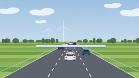 Autobahn an der Grenze mit dichtem Verkehr vor einer flachen Kontrollüberdachung, grüne Felder ringsum