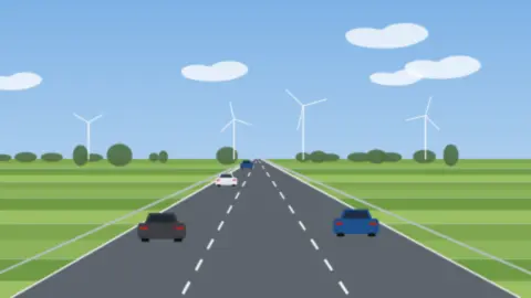 Mehrspurige Straße durch flaches Polderland mit Windrädern und einer Windmühle