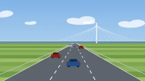 Autobahn mit moderner Schrägseilbrücke über einem breiten Fluss bei Abendlicht