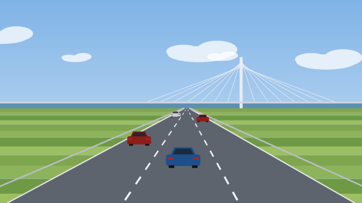 Autobahn mit moderner Schrägseilbrücke über einem breiten Fluss bei Abendlicht