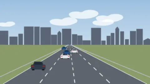 Stadtautobahn mit mehreren Fahrstreifen vor einer Reihe von Wohn- und Bürogebäuden