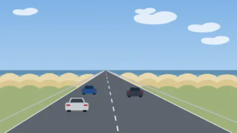 Straße hinter den Dünen am Meer mit wenigen Autos unter blauem Himmel
