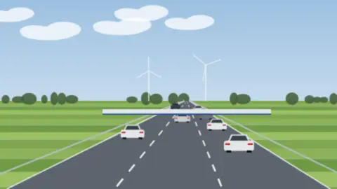 Autobahn an der Grenze mit dichtem Verkehr vor einer flachen Überdachung, Windräder am Horizont