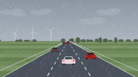 Nasse Autobahn bei Regen, Autos mit Licht, graue Wolken und Windräder über flachem Land