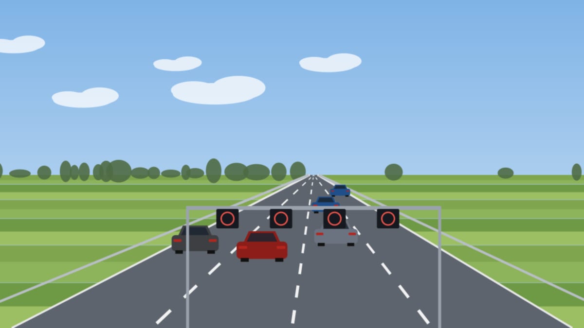 Autobahnkreuz mit Schilderbrücke, auf einer Anzeige über dem rechten Fahrstreifen ein rotes Kreuz