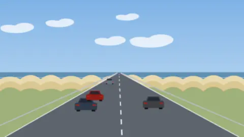 Küstenstraße zwischen Dünen und Meer unter blauem Sommerhimmel mit einzelnen Autos