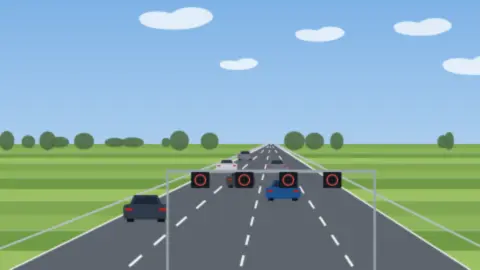 Vierspurige Autobahn unter einer Schilderbrücke, über dem rechten Fahrstreifen leuchtet ein rotes Kreuz