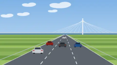 Autobahn mit Schrägseilbrücke im Hintergrund über einem breiten Fluss bei Abendlicht