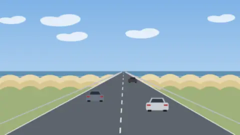 Straße hinter den Dünen am Meer, wenige Autos unter blauem Sommerhimmel