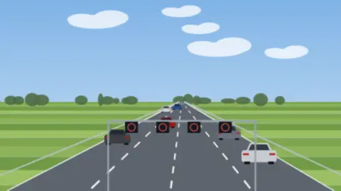 Breite Autobahn mit vier Fahrstreifen unter einer Schilderbrücke, ein Fahrstreifen ist mit rotem Kreuz gesperrt