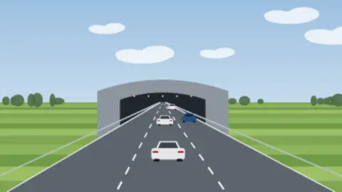 Autobahn führt in ein beleuchtetes Tunnelportal, ringsum grüne flache Landschaft
