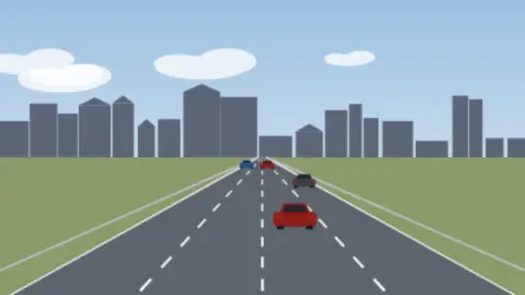 Stadtautobahn mit vier Fahrstreifen vor einer Silhouette aus Wohn- und Bürogebäuden