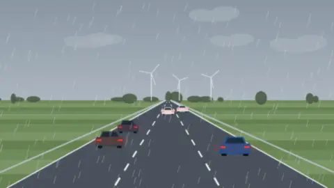 Nasse Autobahn im Regen mit roten Rücklichtern und Windrädern im grauen Hintergrund