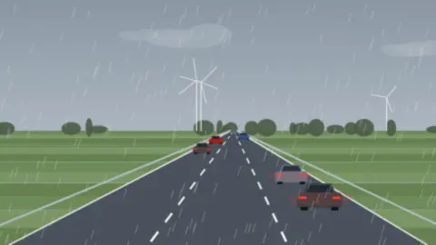 Nasse Autobahn bei Regen mit Rücklichtern, graue Wolken über flachem Land